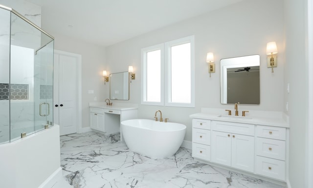 bathroom with vanity, ceiling fan, and separate shower and tub