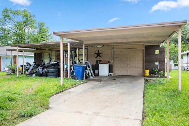 view of parking / parking lot featuring a carport, a garage, and a yard