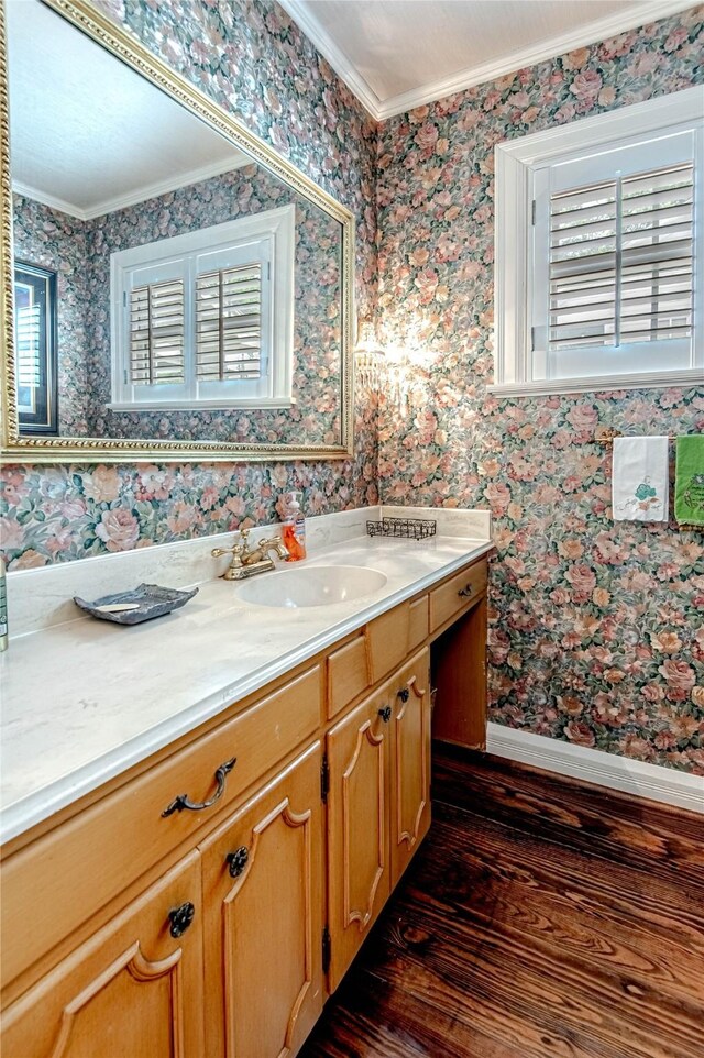 bathroom with a healthy amount of sunlight, vanity, and hardwood / wood-style floors