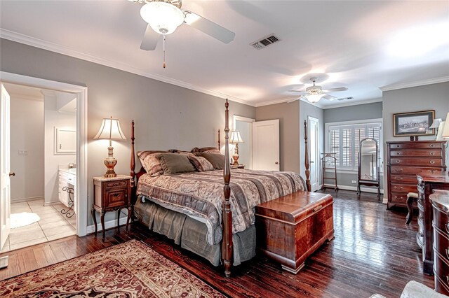 bedroom with ornamental molding, ceiling fan, and hardwood / wood-style floors