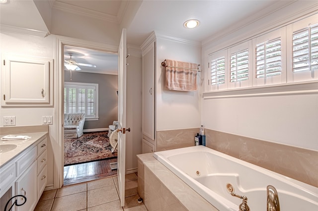 bathroom with vanity, crown molding, ceiling fan, and wood-type flooring