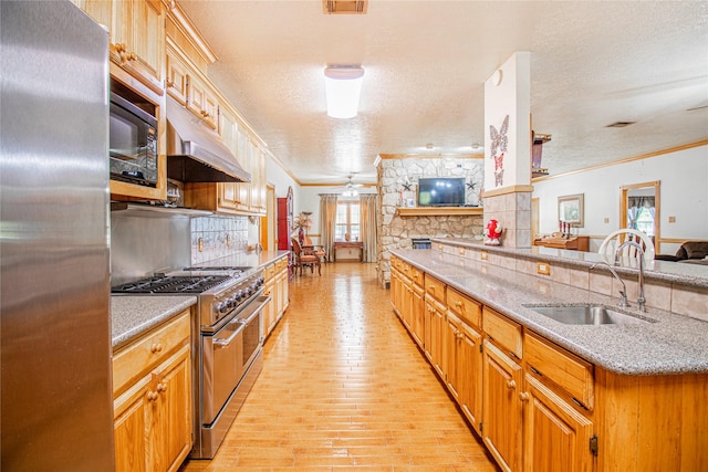 kitchen featuring a textured ceiling, appliances with stainless steel finishes, decorative backsplash, sink, and light hardwood / wood-style flooring