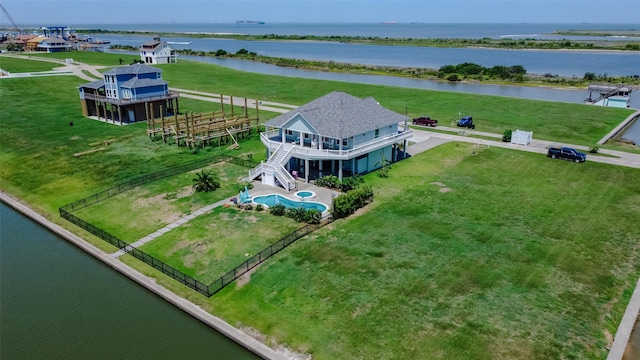 aerial view featuring a water view