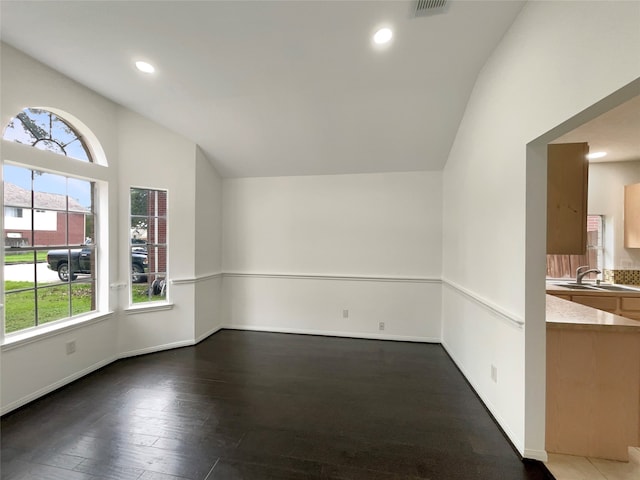 unfurnished room featuring sink, dark hardwood / wood-style flooring, and vaulted ceiling