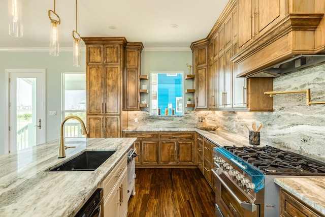 kitchen with tasteful backsplash, pendant lighting, sink, high end stainless steel range oven, and custom range hood