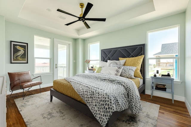 bedroom featuring ceiling fan, multiple windows, wood-type flooring, and a raised ceiling