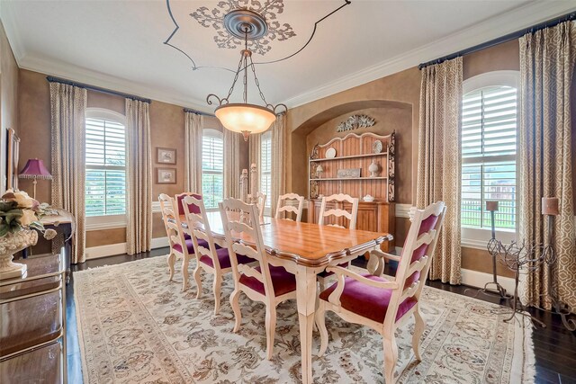 dining room with a wealth of natural light, wood-type flooring, and ornamental molding