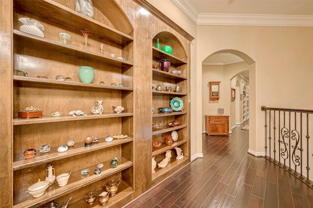 hallway featuring dark hardwood / wood-style floors and crown molding