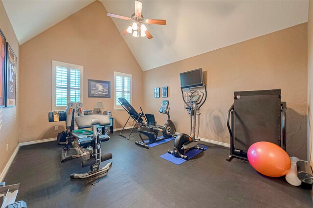 workout room with high vaulted ceiling and ceiling fan