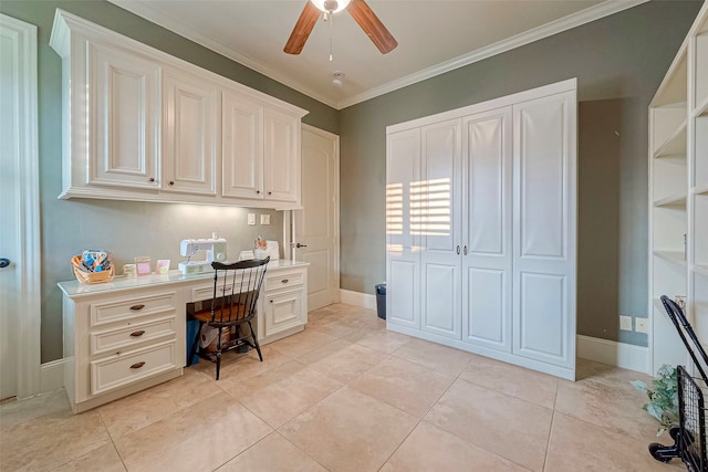 tiled home office featuring ornamental molding and ceiling fan