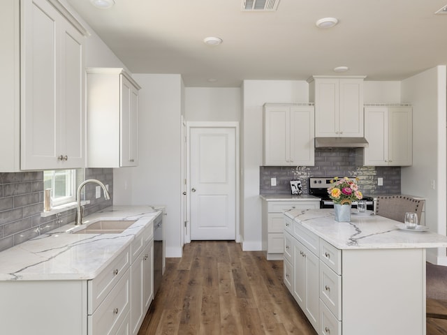 kitchen featuring white cabinetry, decorative backsplash, hardwood / wood-style floors, sink, and appliances with stainless steel finishes