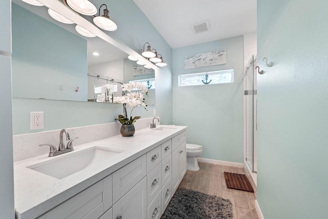 bathroom with vanity, a shower with door, and toilet