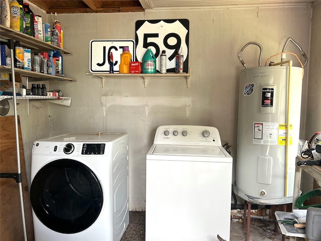 clothes washing area with electric water heater and washing machine and clothes dryer