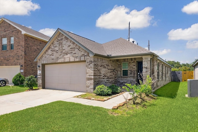 single story home featuring a garage, central AC, and a front yard