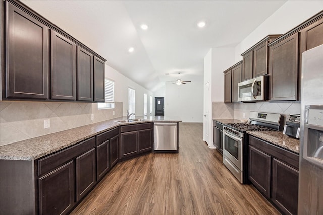 kitchen featuring appliances with stainless steel finishes, lofted ceiling, sink, dark brown cabinets, and dark wood-type flooring