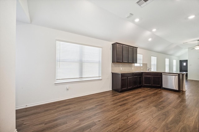 kitchen with dark hardwood / wood-style floors, dishwasher, lofted ceiling, ceiling fan, and dark brown cabinetry