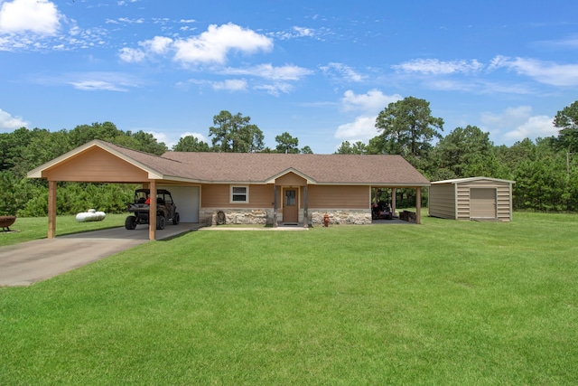 single story home featuring a garage, a front yard, and a carport