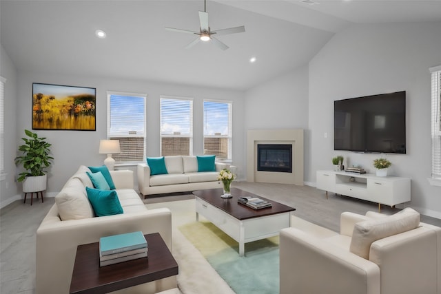 living room with vaulted ceiling and ceiling fan