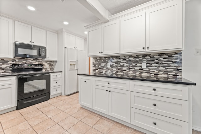 kitchen with white cabinetry, black appliances, tasteful backsplash, and light tile patterned floors