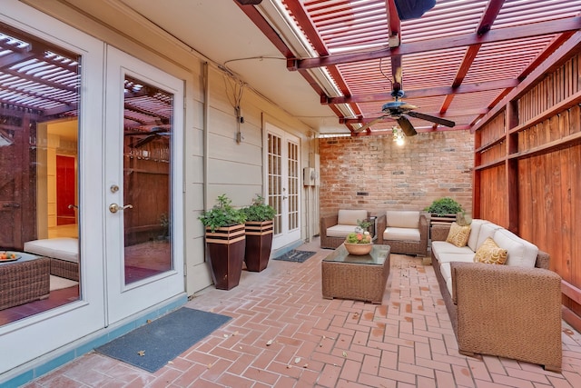 view of patio with an outdoor hangout area, a pergola, and french doors