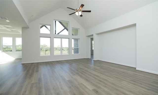 unfurnished living room with hardwood / wood-style flooring, ceiling fan, and high vaulted ceiling