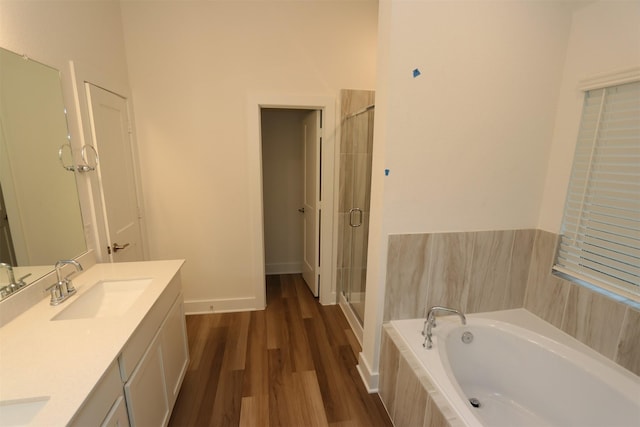 bathroom featuring vanity, wood-type flooring, and plus walk in shower