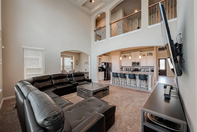 carpeted living room featuring a healthy amount of sunlight, a high ceiling, and sink