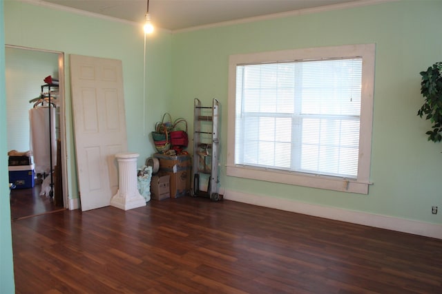 spare room featuring dark wood-type flooring, crown molding, and a healthy amount of sunlight