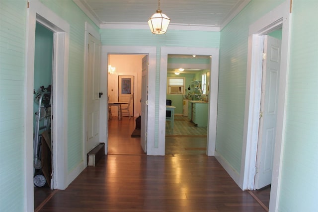 hall featuring dark wood-type flooring and crown molding