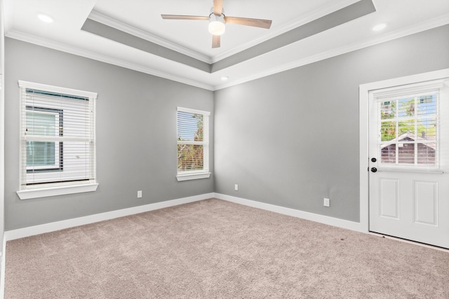 carpeted spare room featuring crown molding, a raised ceiling, and ceiling fan