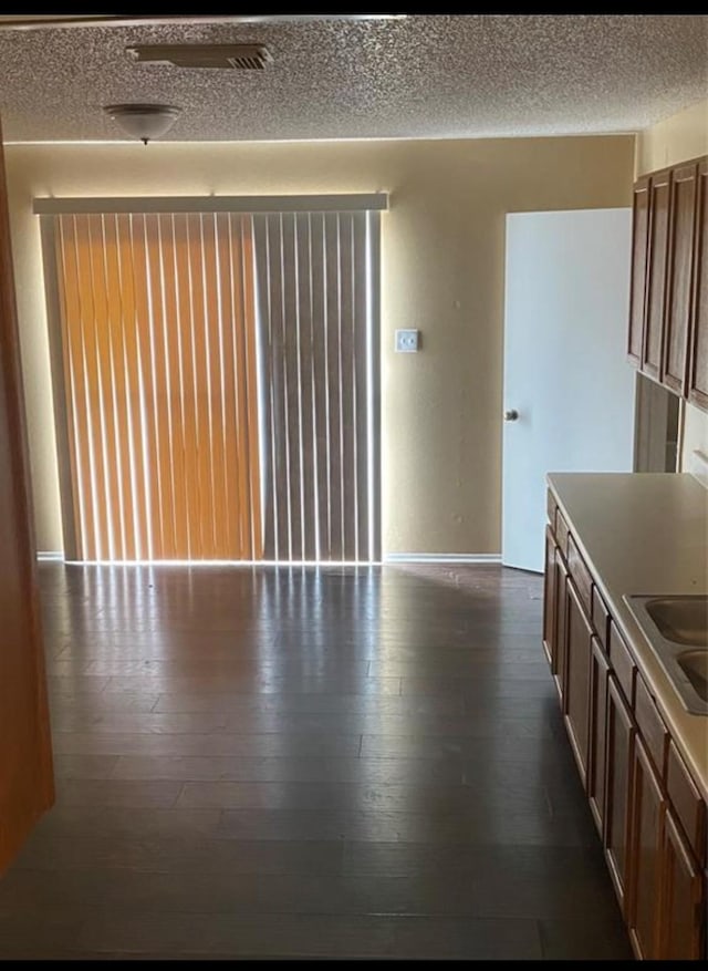 interior space featuring sink, a textured ceiling, and dark hardwood / wood-style flooring