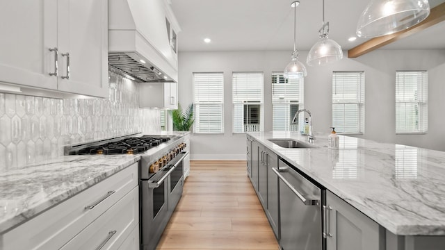 kitchen with light wood-style flooring, a sink, tasteful backsplash, stainless steel appliances, and custom exhaust hood