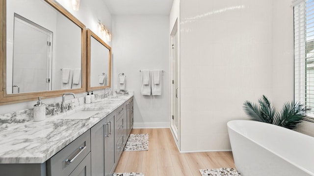 full bathroom with double vanity, a stall shower, wood finished floors, and a sink