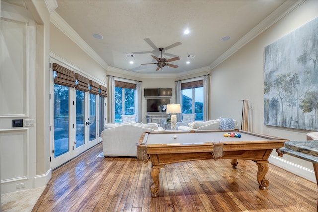 game room featuring ceiling fan, pool table, crown molding, and light hardwood / wood-style flooring