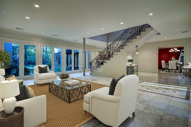 tiled living room featuring a notable chandelier