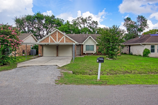 ranch-style house with a garage and a front lawn