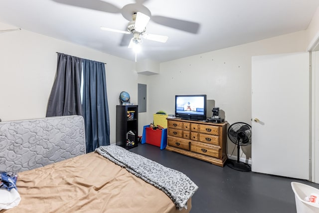 bedroom with electric panel, a ceiling fan, and concrete flooring