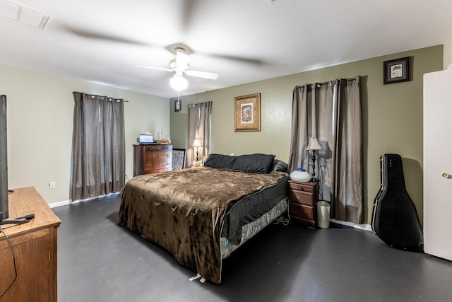 bedroom featuring visible vents, concrete floors, and ceiling fan