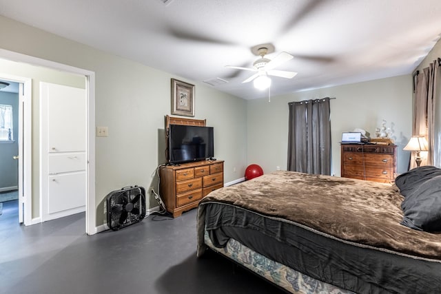 bedroom featuring baseboards, a ceiling fan, visible vents, and finished concrete floors