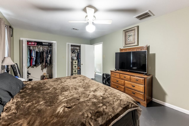 bedroom with baseboards, a closet, visible vents, and concrete flooring