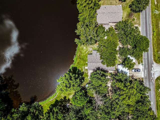 birds eye view of property with a water view