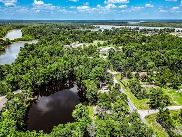 drone / aerial view featuring a water view and a view of trees