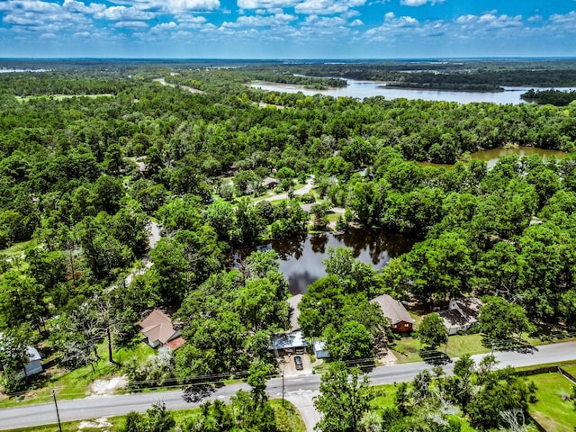 birds eye view of property featuring a forest view and a water view