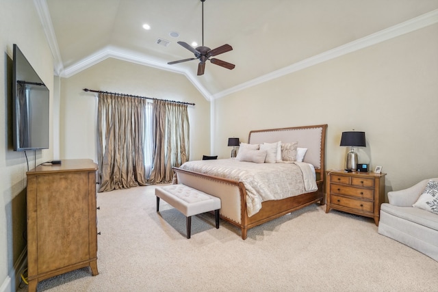 carpeted bedroom featuring crown molding, vaulted ceiling, and ceiling fan