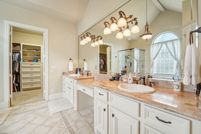 bathroom with lofted ceiling with beams, double vanity, a shower with shower door, and tile patterned floors