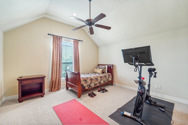 carpeted bedroom featuring vaulted ceiling and ceiling fan