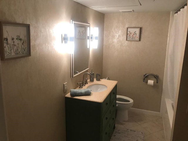 full bathroom with vanity, tile patterned floors, shower / bath combo, and toilet