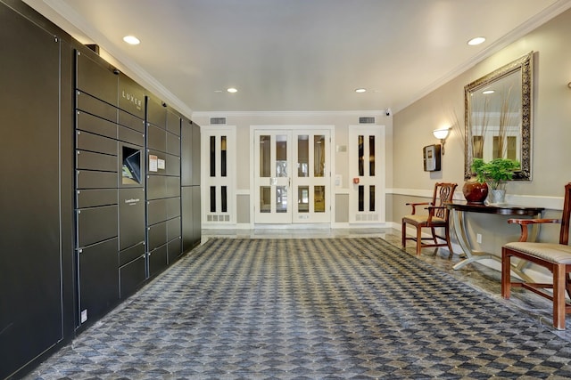 interior space featuring ornamental molding and carpet flooring