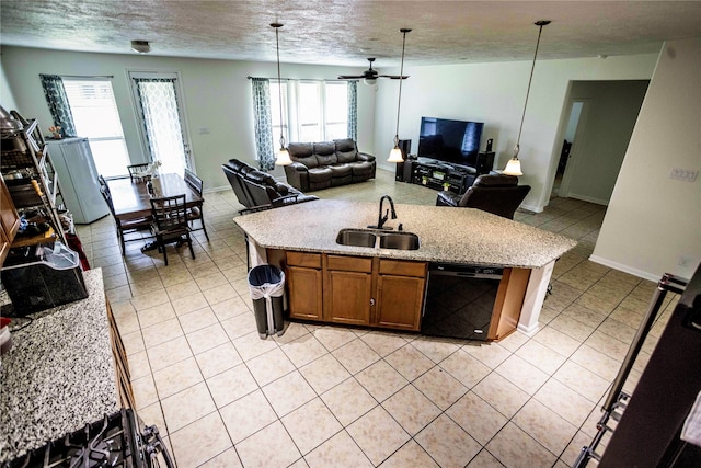 kitchen with plenty of natural light, black dishwasher, sink, and ceiling fan