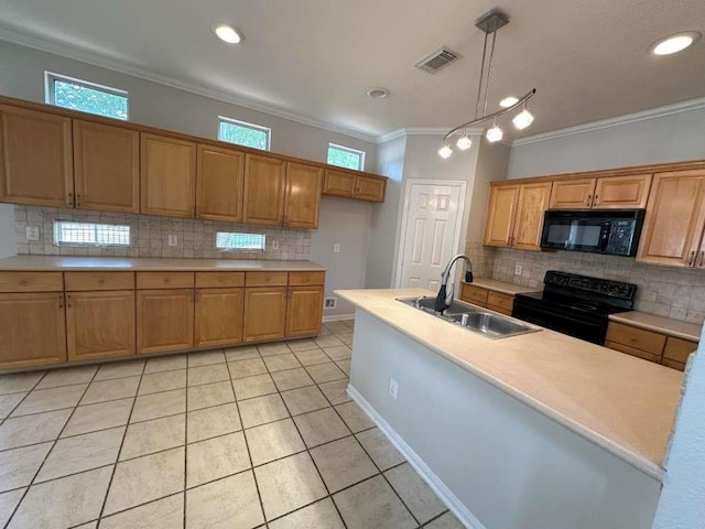 kitchen with decorative light fixtures, ornamental molding, sink, and black appliances